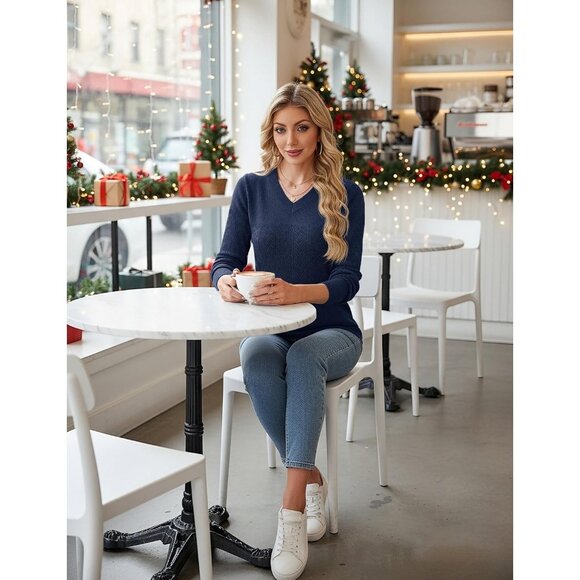 Women's Navy Blue Wool Long Sleeve Crochet Pullover V Neck Lightweight Sweater - Picture 6 of 7